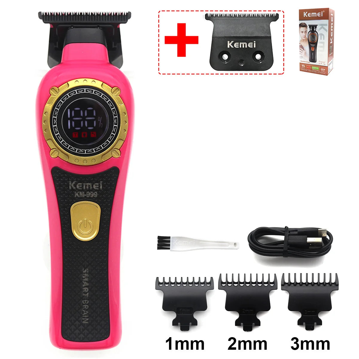 Pink Kemei Smart Brain cordless hair trimmer with 1mm, 2mm, and 3mm guards and charging cable