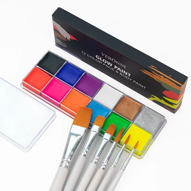 A box of Veronni Glow Paint featuring 12 colors for face and body paint alongside several paint brushes.