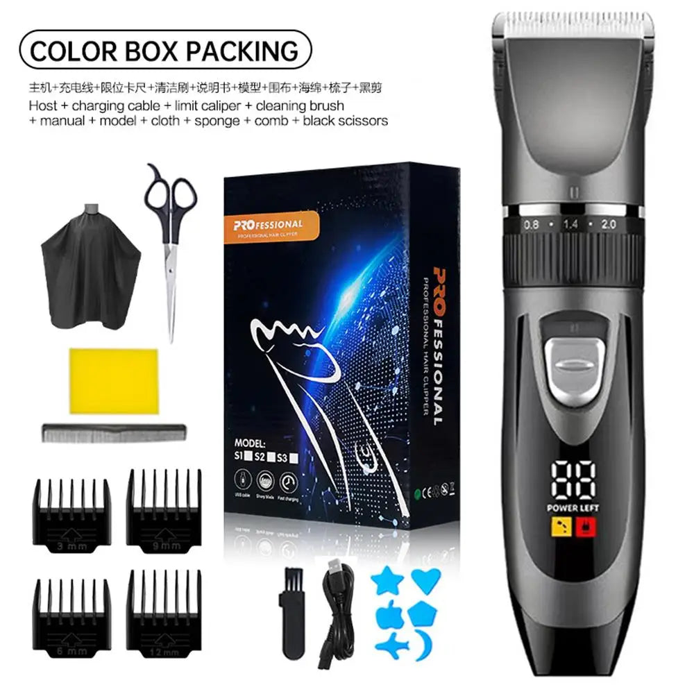 A set of professional electric hair clippers and accessories including a main clipper, guards, and various attachments.