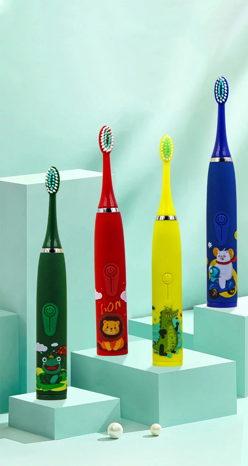 A yellow sonic electric toothbrush with a green handle and blue bristles displayed on light teal pedestals.