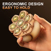 A hand holds a rose gold rotary electric head shaver with multiple shaving heads.