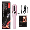 Pink cordless split end hair trimmer with a black charging cable and clipper head shown next to the packaging.