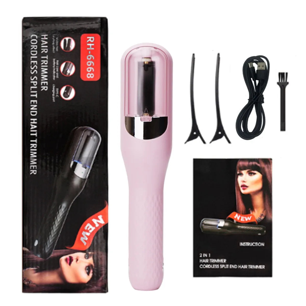 Pink cordless split end hair trimmer with a black charging cable and clipper head shown next to the packaging.