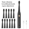 A black sonic vibration electric toothbrush with 12 brush heads and 5 gear adjustments.