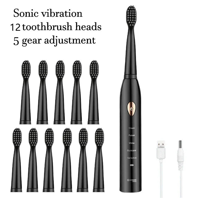 A black sonic vibration electric toothbrush with 12 brush heads and 5 gear adjustments.