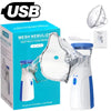 Un nebulizador de malla plástica transparente y accesorios junto a su caja.