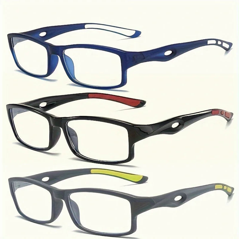 Three pairs of rectangular anti-blue light reading glasses in blue, black, and gray frames.