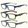 Three pairs of rectangular anti-blue light reading glasses in blue, black, and gray frames.