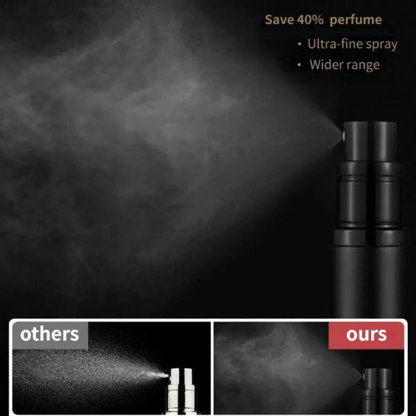 A black glass refillable perfume bottle with a spray pump emitting a fine mist.