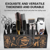 A black dressing box holds a set of hairdressing tools including scissors, combs, brushes, and clips.