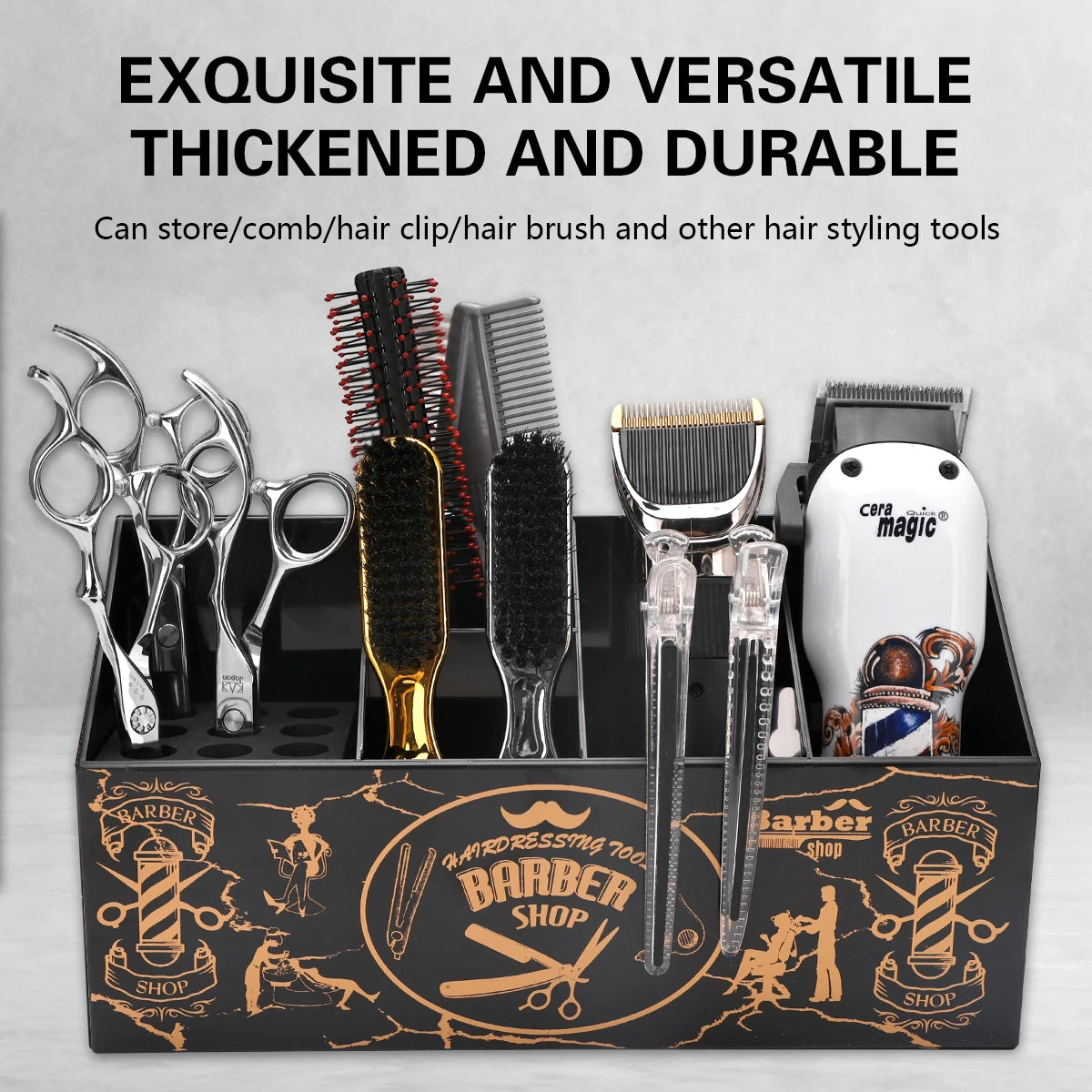 A black dressing box holds a set of hairdressing tools including scissors, combs, brushes, and clips.
