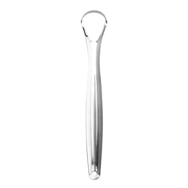 A stainless steel tongue scraper with a loop handle for oral hygiene.
