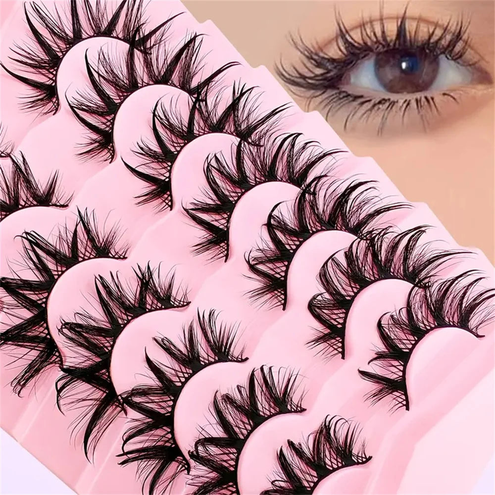 Close-up of pink wet look manga false eyelashes showing various styles and volume