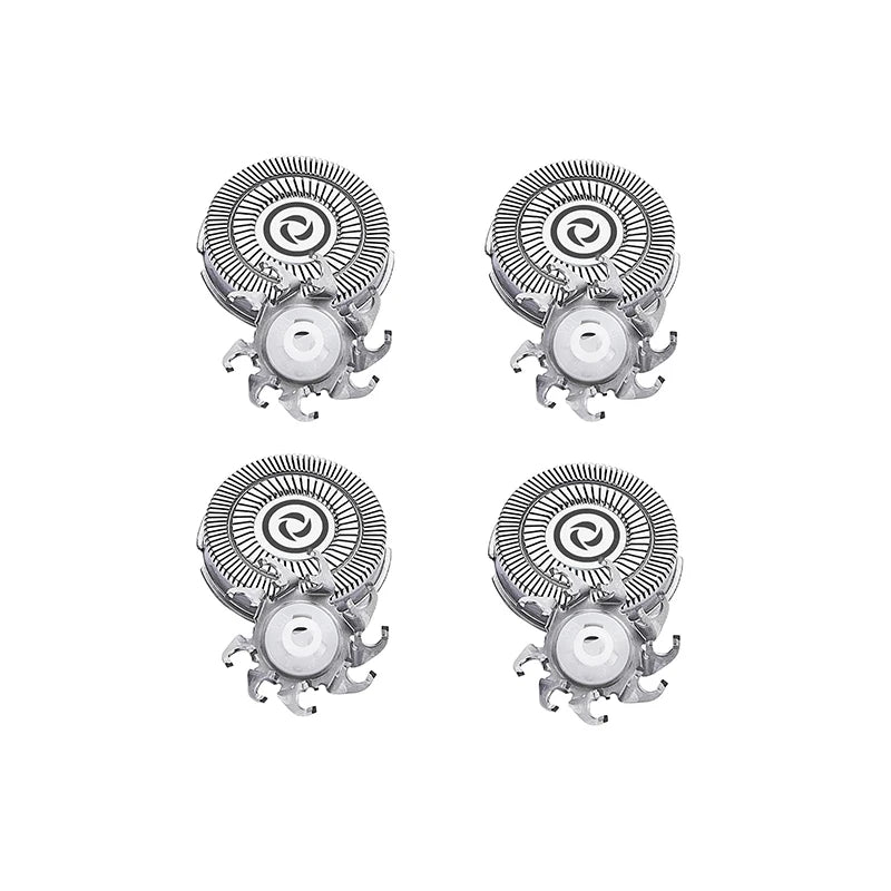 Four replacement shaver heads for electric razors shown in various angles.