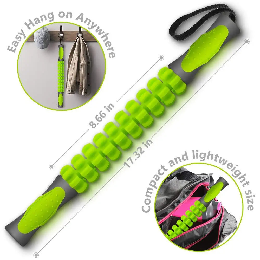 A bright lime green manual muscle roller stick is shown with a black handle and a silicone tip, demonstrating how to hang it 