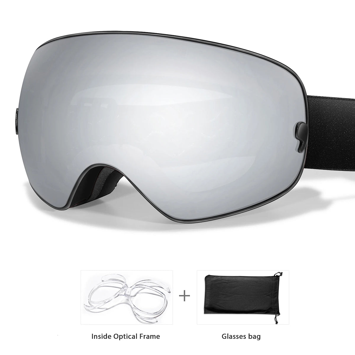 A pair of silver-tinted sports goggles shown with an inside optical frame and a separate glasses bag.