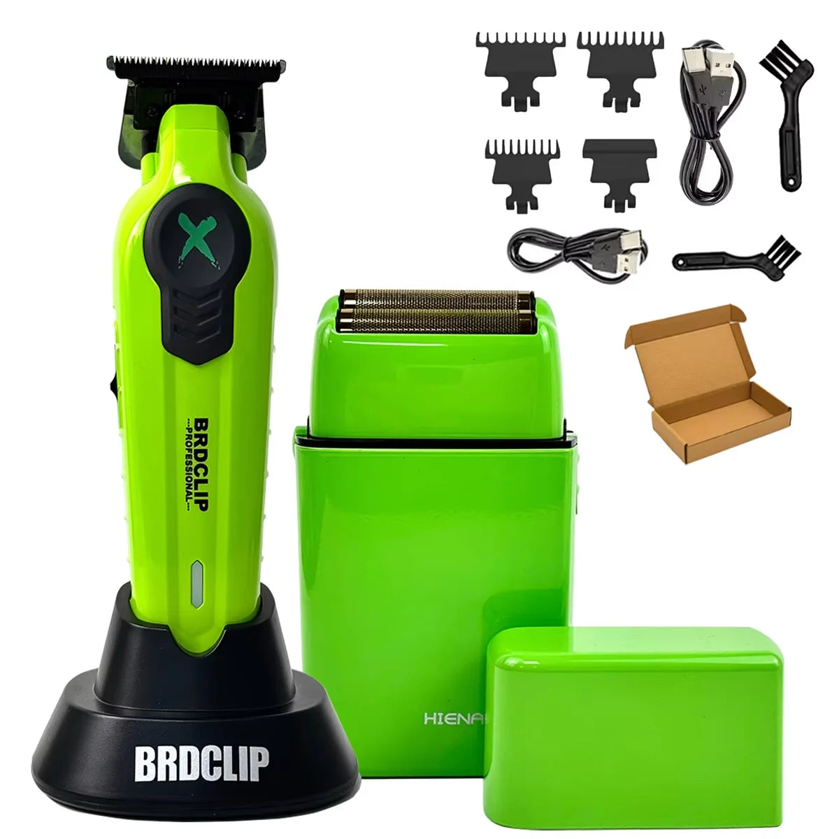 A set of green and black professional high-speed hair trimmer tools including a main unit, attachments, and a storage box.