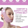 A woman is wearing a pink V-line lifting belt on her face, demonstrating its use for facial slimming and lifting.