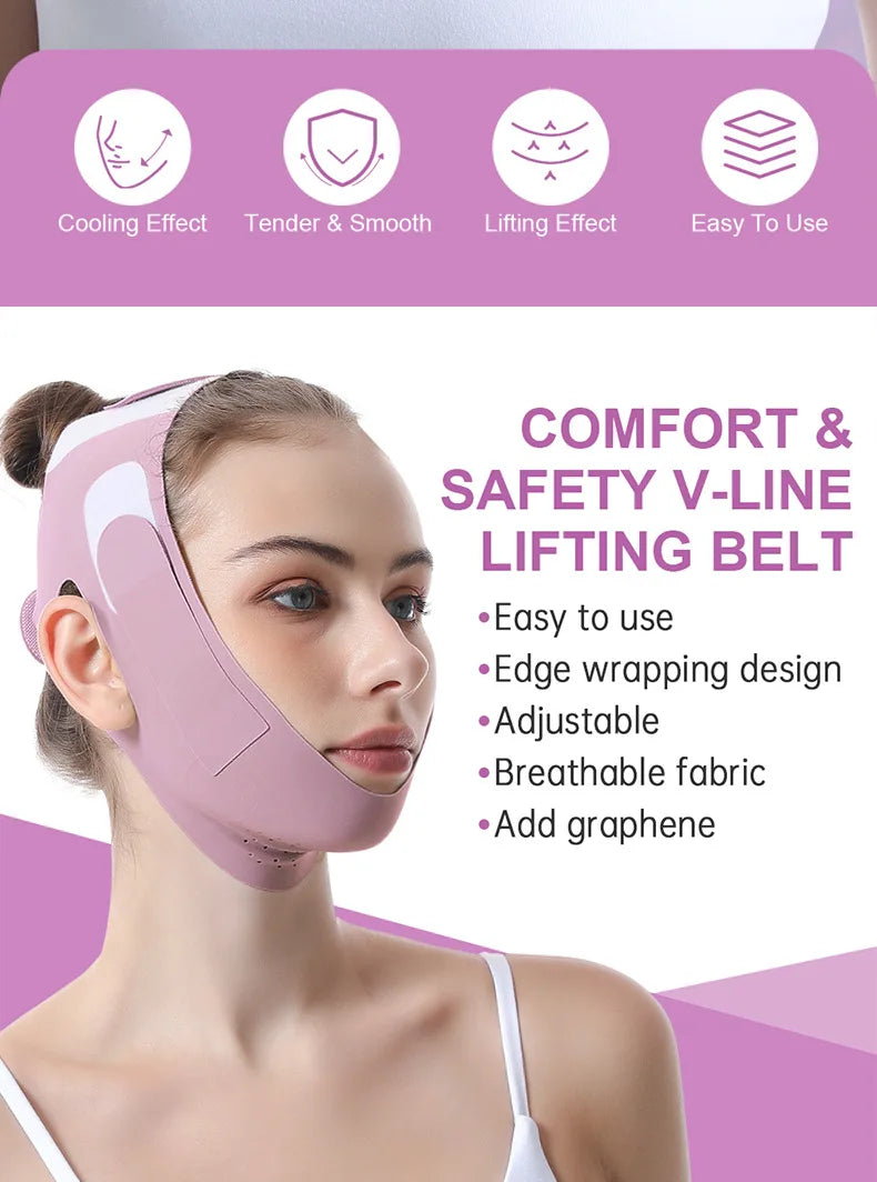 A woman is wearing a pink V-line lifting belt on her face, demonstrating its use for facial slimming and lifting.