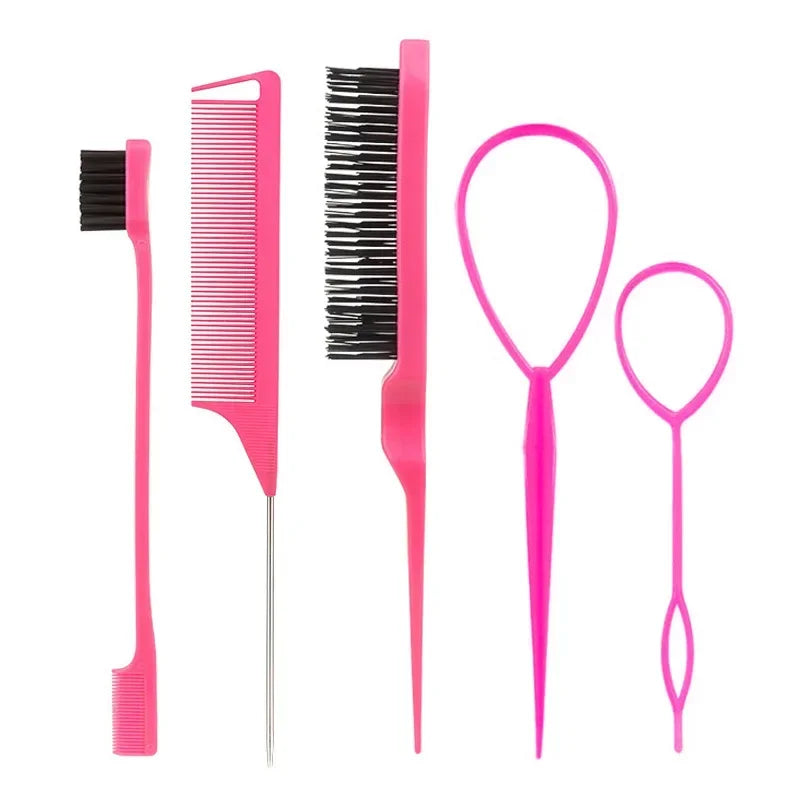 A set of pink hair styling combs and brushes including a wide-toothed comb, a fine-tooth comb, and a loop comb.