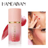 A tube of HANDAIYAN liquid matte blush stick in pink packaging with a swatch and application detail.