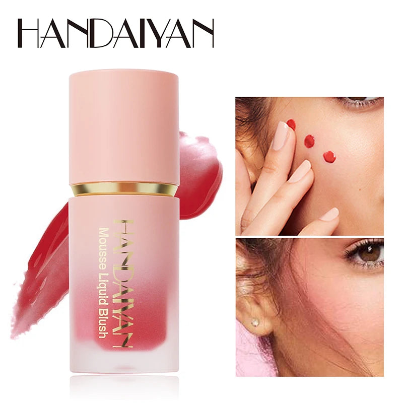 A tube of HANDAIYAN liquid matte blush stick in pink packaging with a swatch and application detail.