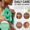 A person is using a green exfoliating net bath sponge on their skin, with diagrams showing the benefits for dry and chicken s