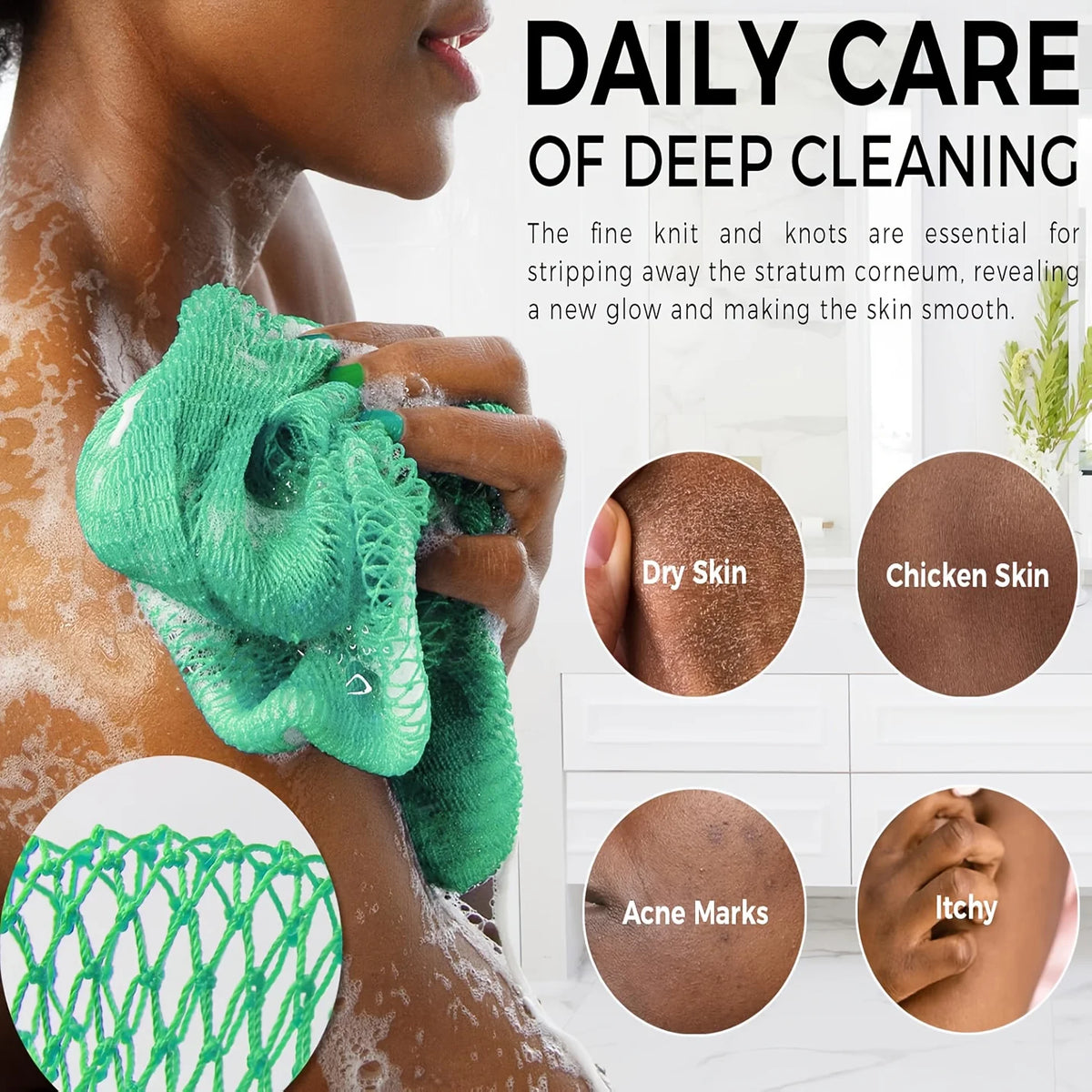 A person is using a green exfoliating net bath sponge on their skin, with diagrams showing the benefits for dry and chicken s