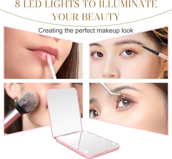 A pink mini folding makeup mirror with an LED light illuminating a woman's face for makeup application.