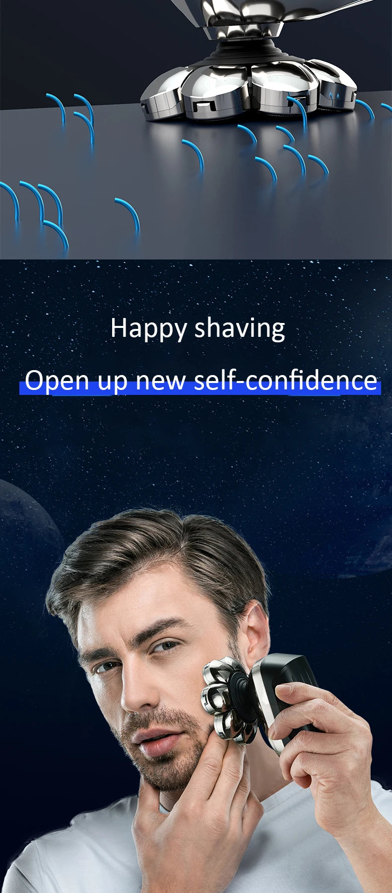 A man is using a multi-function electric grooming kit on his face for shaving or grooming.