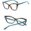 A pair of orange and black patterned cat eye reading glasses with light blue frames.