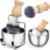 A men's shaving set featuring a brush with a wood handle and a stainless steel bowl.