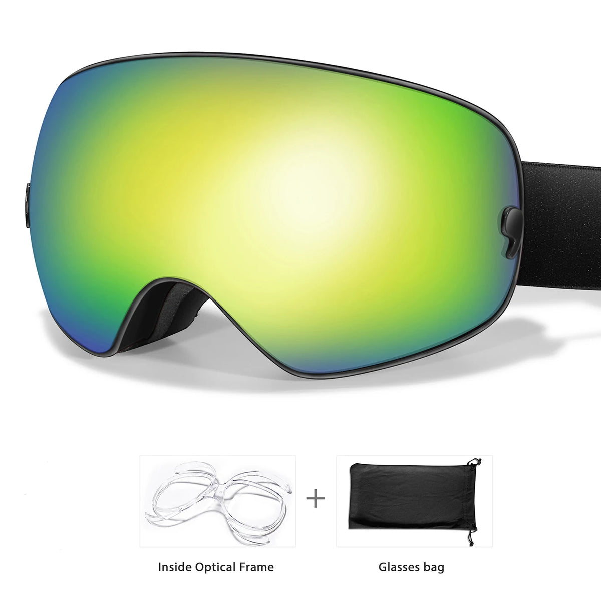 A pair of lime green sports goggles shown with an inside optical frame and a separate glasses bag.