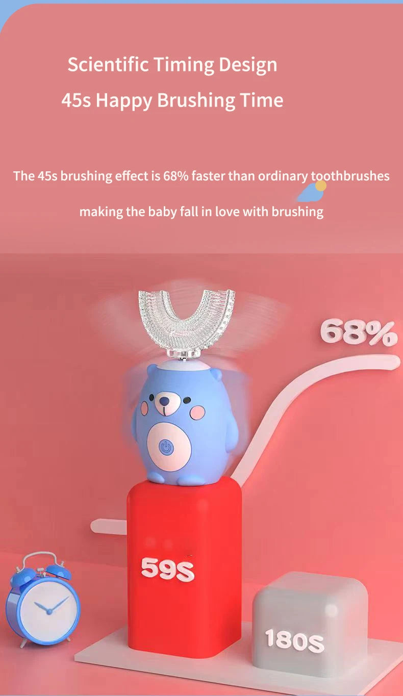 A pink and blue electric toothbrush device with a timer showing 59s and 180s, demonstrating the 45s brushing effect.