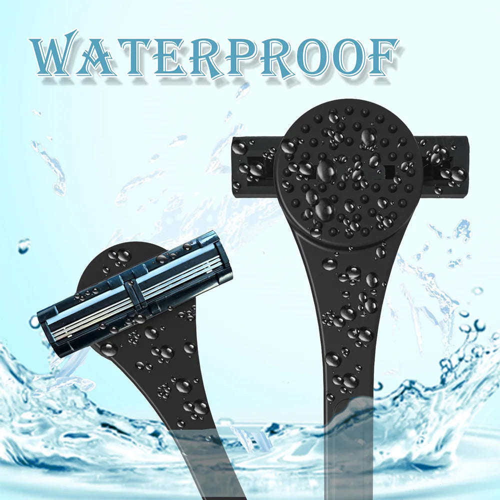 A black multi-layer silicone back shaver razor is shown with water droplets, emphasizing its waterproof feature.