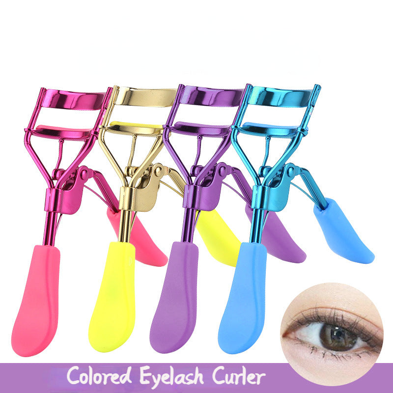 A set of five colored eyelash curlers in pink, gold, purple, yellow, and blue.