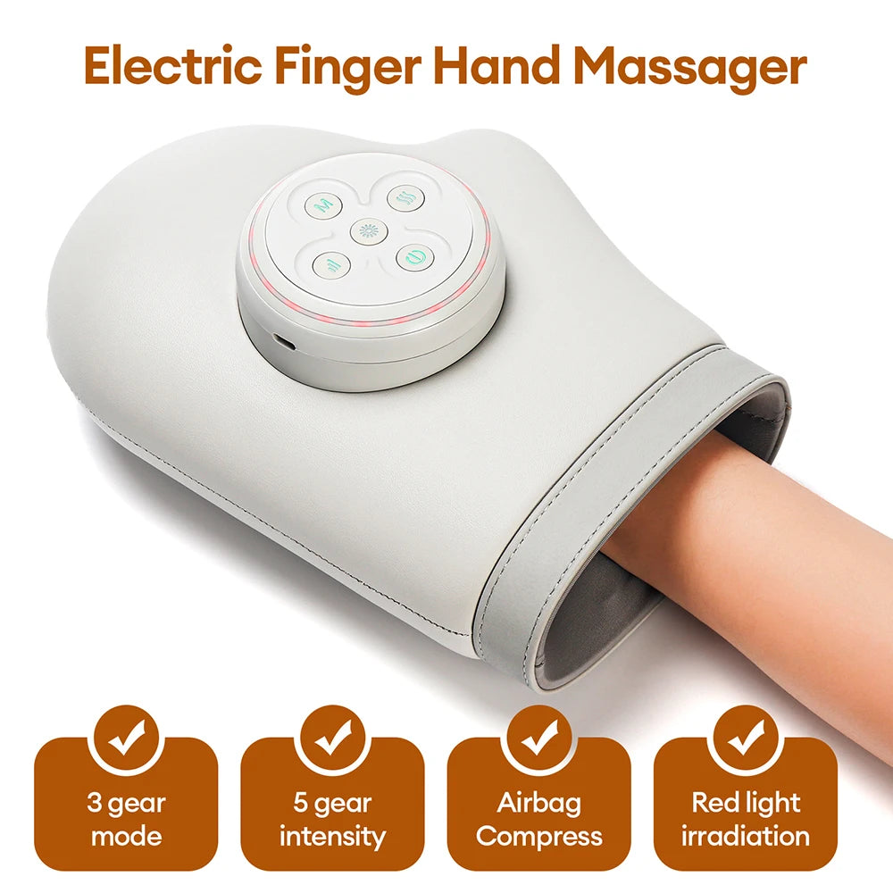 A white electric finger hand massager device shown with features like 3 gear modes, 5 gear intensity, airbag compress, and re