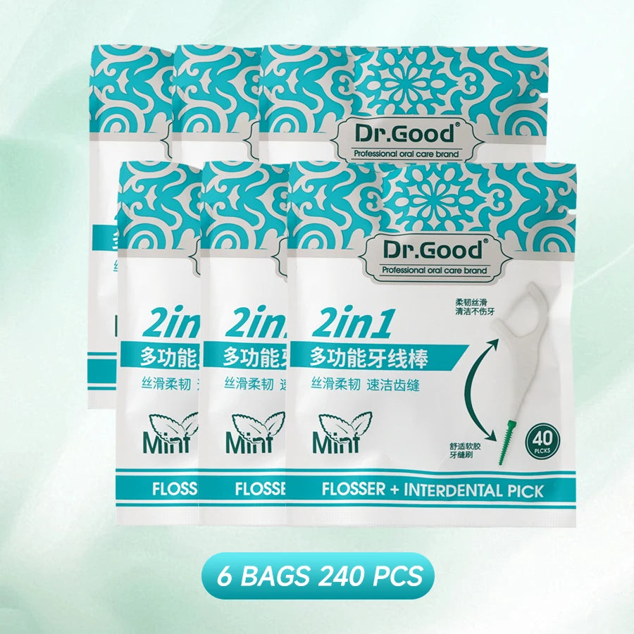 Pack of 6 bags containing Dr.Good 2-in-1 silicone dental floss and interdental pick for oral care