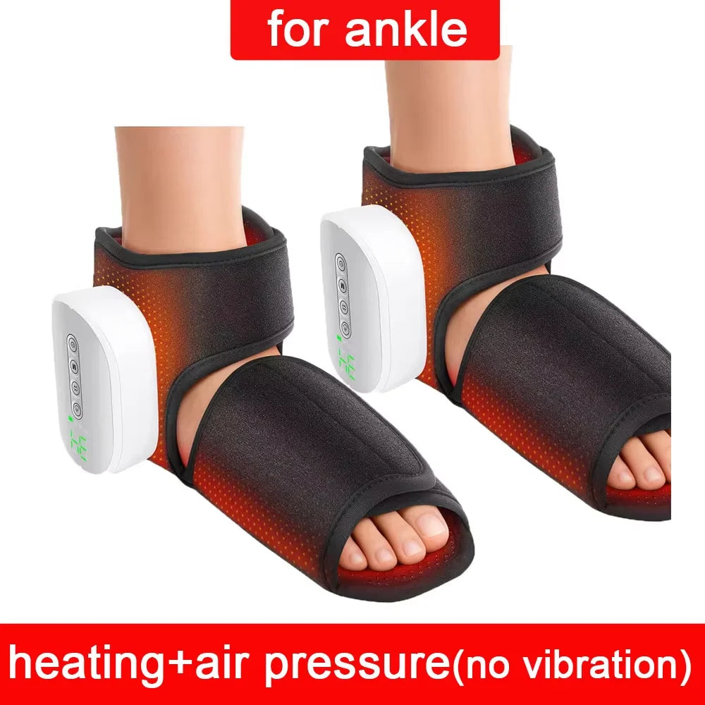 A black heating and air pressure ankle massager device shown on a foot.