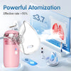 A pink portable mesh nebulizer is shown with a clear mask, demonstrating powerful atomization for respiratory relief.