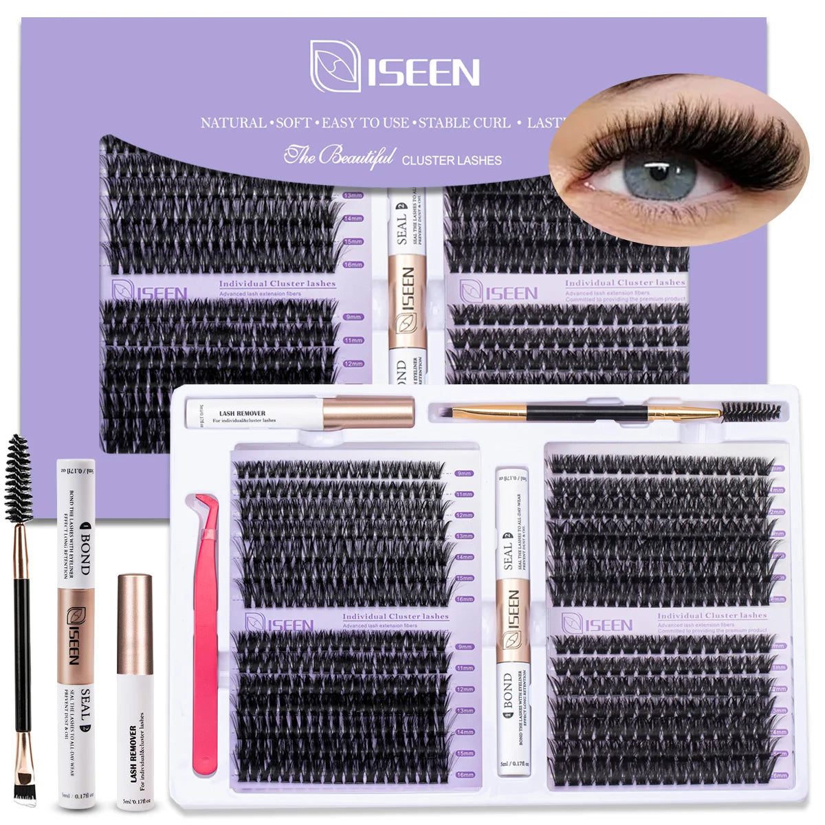 A set of ISEEN DIY Cluster Lash Kit with Bond and Seal tweezers for applying individual cluster lashes.