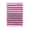 A pink plastic tray holding various sizes of C-curl eyelash extensions for a natural look.
