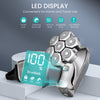 A silver electric head shaver with a LED display showing 100% battery and features for travel and cleaning reminders.