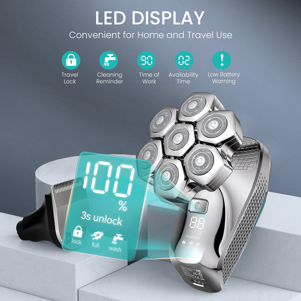 A silver electric head shaver with a LED display showing 100% battery and features for travel and cleaning reminders.