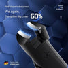Close-up of a black heavy duty nail clipper with a blue ergonomic handle against a dark geometric background.