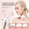 A woman is using a white electric threading hair removal epilator on her face, demonstrating the process for removing unwante