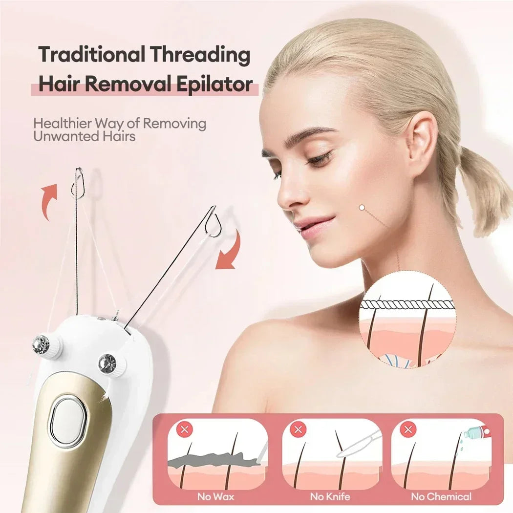 A woman is using a traditional threading hair removal epilator device on her face, demonstrating various methods.