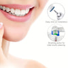 Close-up of a person's smile showing white teeth and diagrams illustrating easy click-on installation and brushing action for