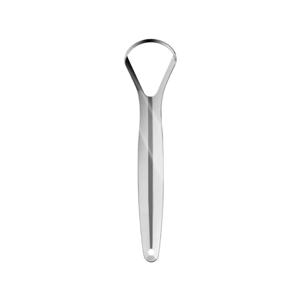 A stainless steel tongue scraper with a curved handle for oral hygiene.
