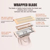 A close-up view of a wrapped blade for an electric hair shaver, showing the blade sealed inside to prevent skin contact.